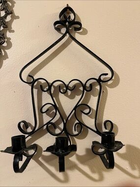 MCM CANDLE HOLDER Wrought Iron Heavy Thick Holds 3 Tapers Hangs VTG 13.5” x 8”
